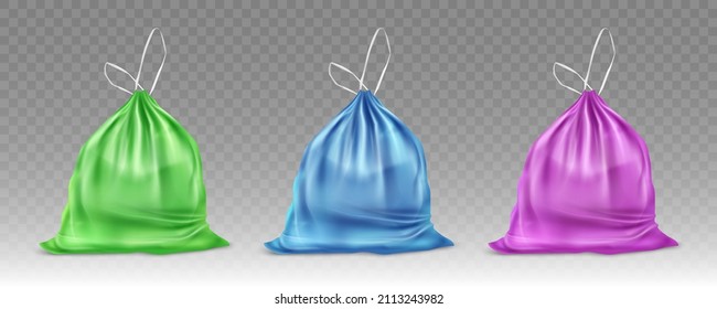 Coloridas bolsas de plástico para basura y basura. Burla vectorial realista de la bolsa de basura de polietileno. Saco con negrita con cadena atada aislado en fondo transparente