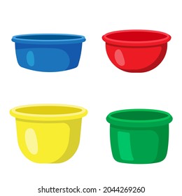 Set of colorful plastic basins. Mass market product for washing and cleaning. Water container. Wide basin for food or house keeping. Vector illustration in cartoon flat style