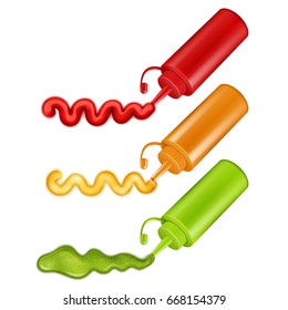 Set of colorful plastic bottles with pressed ketchup wasabi and mustard realistic vector illustration   