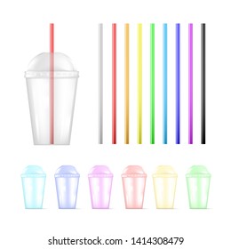 Set of colorful plastic empty disposable cup and colorful straws. Vector illustration isolated on white background