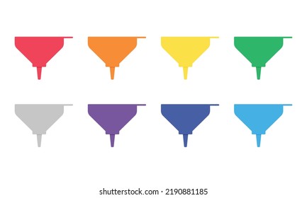 Set of colorful plastic funnels clipart vector illustration. Simple kitchen plastic funnel with handle for pouring flat vector design. Kitchen funnel clipart or icon. Kitchen utensils concept