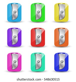 Set of colorful plastic pencil sharpeners Isolated on white background. School accessories. Vector illustration