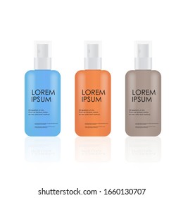 poner frascos de plástico colorido para productos cosméticos de belleza balneario paquetes realistas recolección cosmetología natural skincare acondicionamiento marca tratamiento de la piel ilustración vectorial