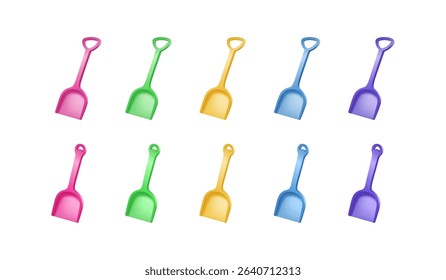 Set of colorful plastic toy shovels in pink, green, yellow, blue, and purple shades. Ideal for children at beach or sandbox. Bright and playful design.