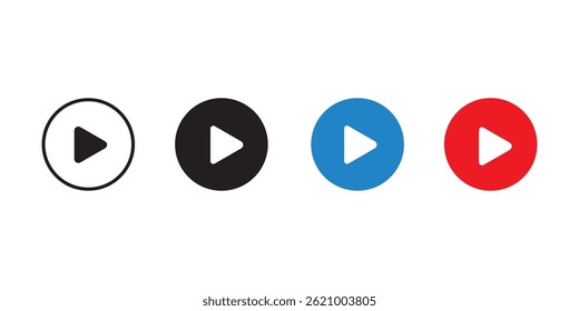 Set of Colorful Play Button Icons – Flat Media Control Symbols in Red, Blue, Black and Outline Style for Video Interface, UI,UX Design, Mobile Apps, and Multimedia Graphics