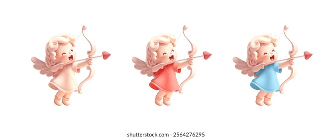 Set of colorful playful cupid characters shooting with bows, 3D. Mythical characters making people fall in love. For love concepts, Valentine's Day, wedding. Vector