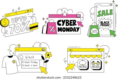 A set of colorful and playful e-commerce promotions showcasing discounts, sales, and fun digital banners for online shopping.
