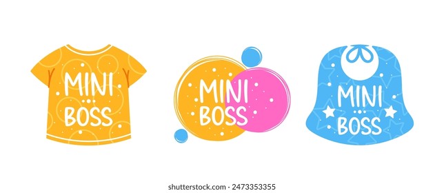 Set aus bunten und verspielten Vektorgrafik Mini Boss Logos Ideal für Kinderbekleidung, Accessoires und Branding