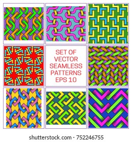 Set of colorful plexus seamless patterns. Abstract background with editable colors.