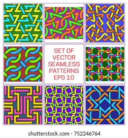Set of colorful plexus seamless patterns. Abstract background with editable colors.