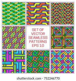 Set of colorful plexus seamless patterns. Abstract background with editable colors.