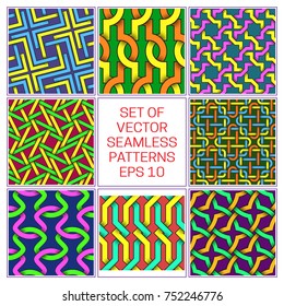 Set of colorful plexus seamless patterns. Abstract background with editable colors.