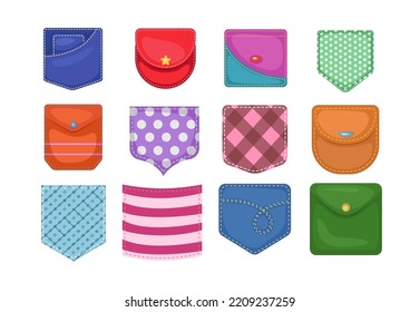 Set colorful pockets in cartoon style. Vector illustration of pattern pockets for pants, jeans, shorts, bags on white background.