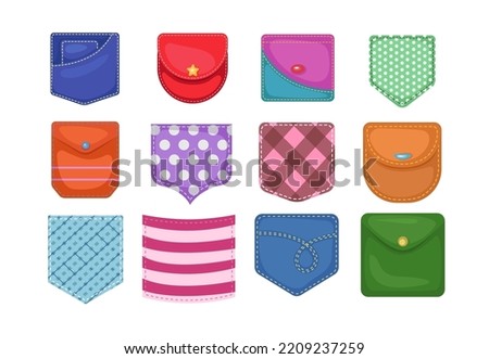 Set colorful pockets in cartoon style. Vector illustration of pattern pockets for pants, jeans, shorts, bags on white background.