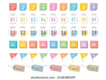 Ensemble d'icônes de points colorés, telles que les étiquettes et les drapeaux