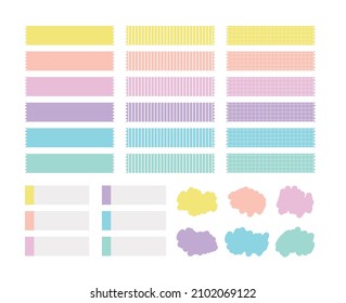 A set of colorful point stickers. Illustrations sketched with stripes, checkered tape, and colored pencils.