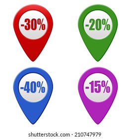 Set of colorful pointers with sale discounts on white background, vector illustration