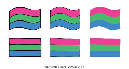 Set of colorful Polysexual pride flag Happy pride day LGBTQIA community Pride Month Vector hand drawn doodle for posters, stickers, logo, cards