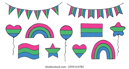 Set of colorful Polysexual pride flag Happy pride day LGBTQIA community Pride Month Vector hand drawn doodle for posters, stickers, logo, cards