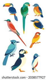 Set of Colorful Pop Birds Vector. Birds flying, animals, bird silhouette, bird vector.Abstract art bird, Logo birds icon set vector illustration, set birds vector.
