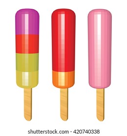 Set of Colorful Popsicles Isolated on White. Citrus and Berry Ice Creams on Wooden Sticks. Low Poly Realistic Vector Illustration.