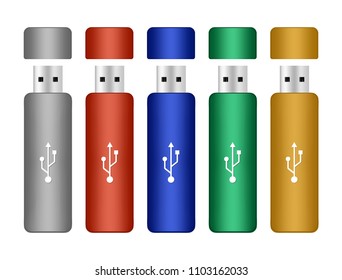 Set of colorful portable flash usb drive memory on a white background. Digital portable data device