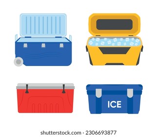 Set of colorful portable refrigerators for storing food and drinks in a cartoon style. Vector illustration of various ice containers: blue, yellow, red, open and closed isolated on white background.