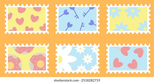 Set of colorful post stamps with hearts, lollipops, keys, donuts and flowers. Playful postage stamps collection. Trendy vector illustration in flat style