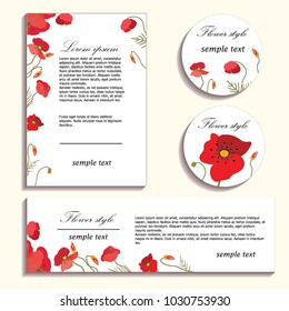Set of colorful postcards. Red poppies on banners and templates.

 Isolated Vector Illustration