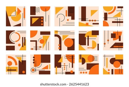 Ensemble d'affiches colorées avec forme géométrique et ensemble de lignes. motif abstrait, ligne de design art, style branché. illustration avec cercle, carré, triangle. création de cartes, invitation	