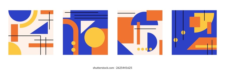 Conjunto de cartazes coloridos com forma geométrica e conjunto de linhas. padrão abstrato, arte da linha de design, estilo da moda. ilustração com círculo, quadrado, triângulo. design para cartões, convite	