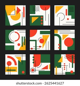 Ensemble d'affiches colorées avec forme géométrique et ensemble de lignes. motif abstrait, ligne de design art, style branché. illustration avec cercle, carré, triangle. création de cartes, invitation	