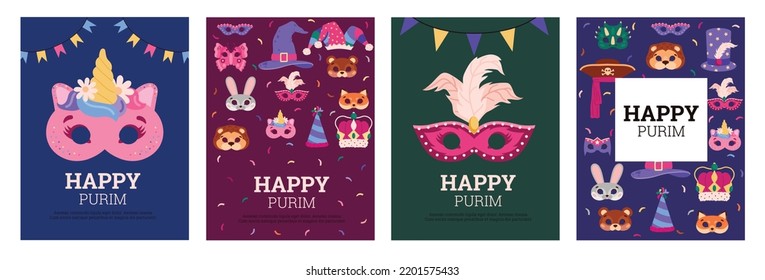 Set of colorful poster or vertical banners about Happy Purim flat style, vector illustration isolated on white background. Different carnival masks and text, garlands and confetti