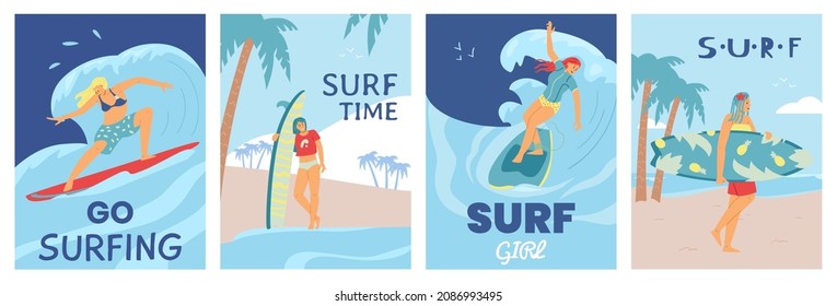 Set of colorful posters with advertise of surfing at sea or ocean during summer activity. Surf girls carry surfboards on beach and riding at water. Flat vector illustrations.