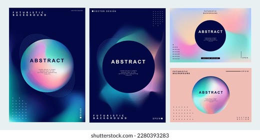 Set of colorful posters. Circle shape with neon lights. Abstract background with liquid gradient for banner, cover, social media posts.