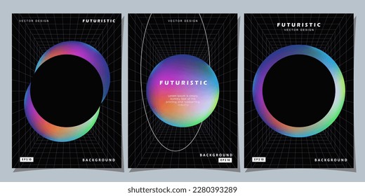 Set of colorful posters. Circle shape with neon lights. Abstract background with liquid gradient for banner, cover, social media posts.