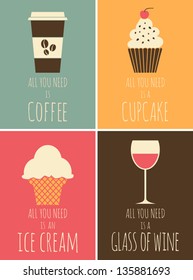 A set of colorful posters with coffee, chocolate, ice cream and red wine.