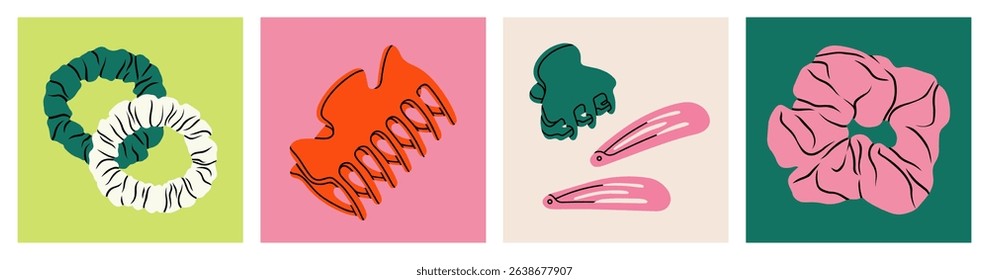 Conjunto de cartazes coloridos com acessórios de cabelo. Clipes de garra de cabelo, arranhões e alfinetes. Para posts de blog, material promocional, conteúdo de mídia social e campanhas publicitárias. Ilustração vetorial.
