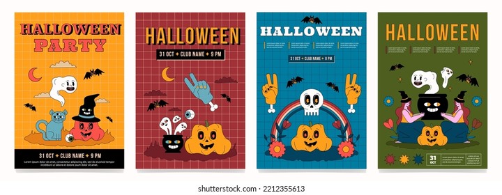 A set of colorful posters for Halloween with outlined illustrations. Trendy groovy artworks.