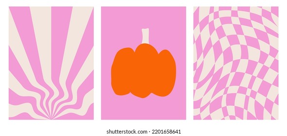 A set of colorful posters for Halloween. Prints and backgrounds in style Y2k . Checkered pink pattern, wavy background and abstract pumpkin. Modern trendy templates. Vector illustration