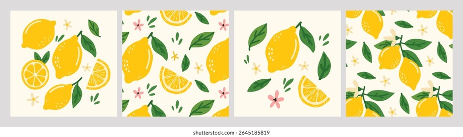 Set of colorful posters with hand drawn lemons, leaves and flowers. Dolce vita aesthetics. Ideal for designing postcards, banners, posters, menus, social media	
