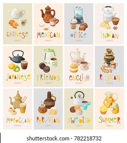 Set of colorful posters inviting to theme tea parties of different countries and cultures. Invitation for neighbors, friends and colleagues for a cup of hot drink. Vector illustrations.