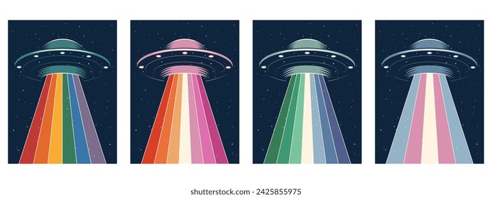 Set of colorful posters for pride day. UFO with LGBTQ pride flag colours light. Vector illustration