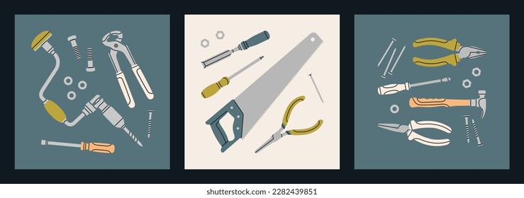 Set of colorful posters with various tools: screwdriver, saw, hammer, chisel, pliers, drill, nails etc. Repair work, construction, home tools concept. Hand drawn vector illustrations. 