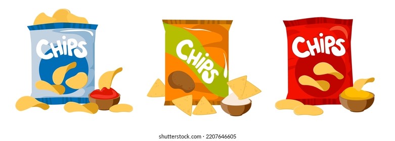 Set of colorful potato chips in cartoon style. Vector illustration of snacks with different sauces and flavors on white background.