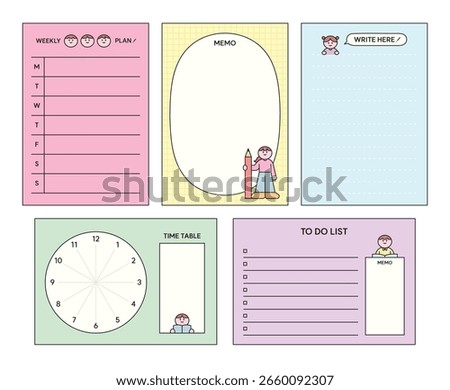 A set of colorful and practical stationery templates for students, including a weekly plan, memo pads, a writing page, a timetable, and a to-do list.