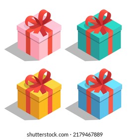 Set of colorful present and gift boxes with red tape. Isometric vector illustration