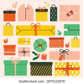 Set von bunten Geschenken und Dekorationen . Vektorgrafik