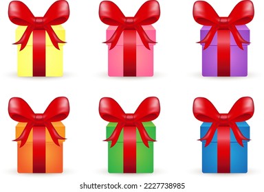 set of colorful presents with red bows