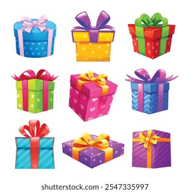 Set of colorful presents in various wrapping styles, perfect for holidays and celebrations. Vector cartoon illustration